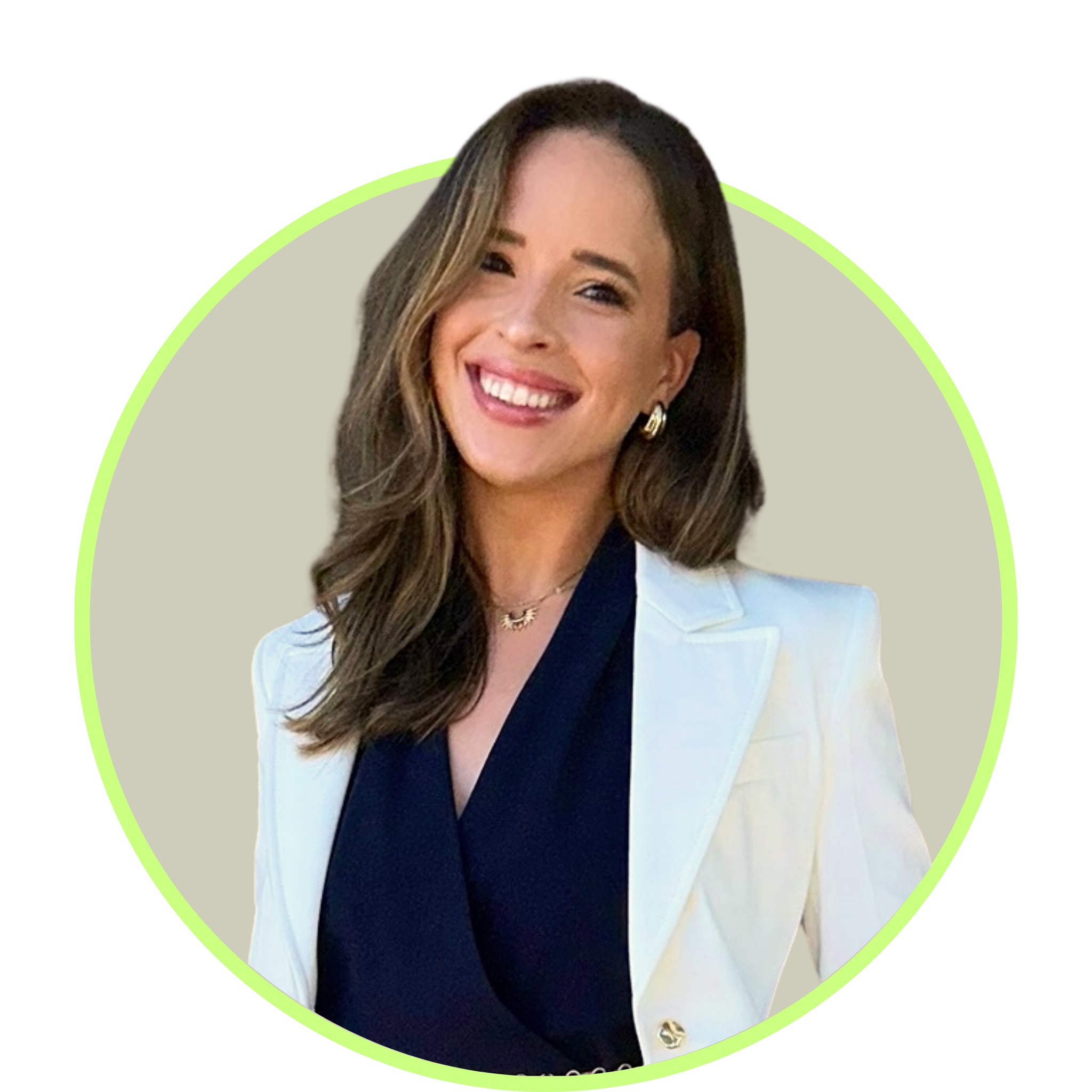 Smiling woman in formal attire, wearing earrings and a necklace, dressed in a light blazer over a dark top, with background elements of a presentation slide or similar.