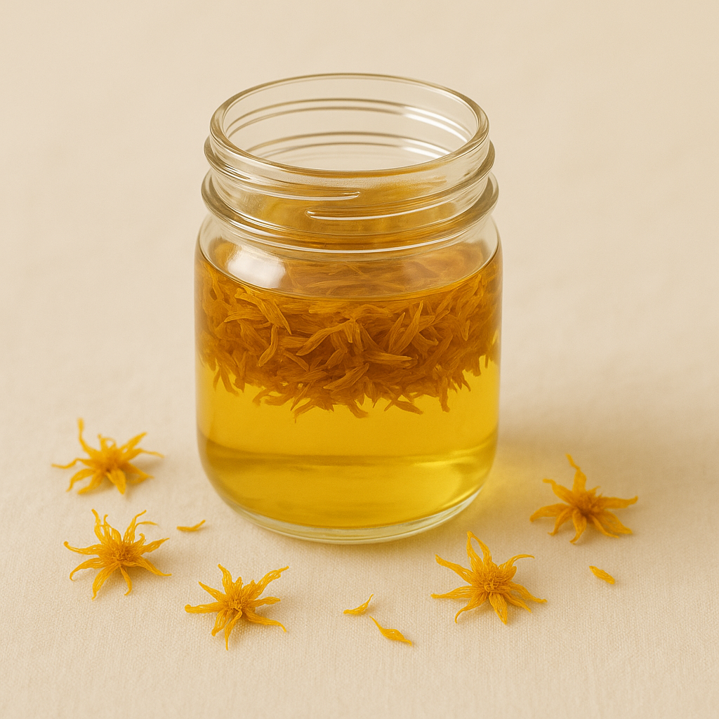 A glass jar filled with herbal tea and yellow flowers floating inside, with some flowers scattered on a light-colored surface.