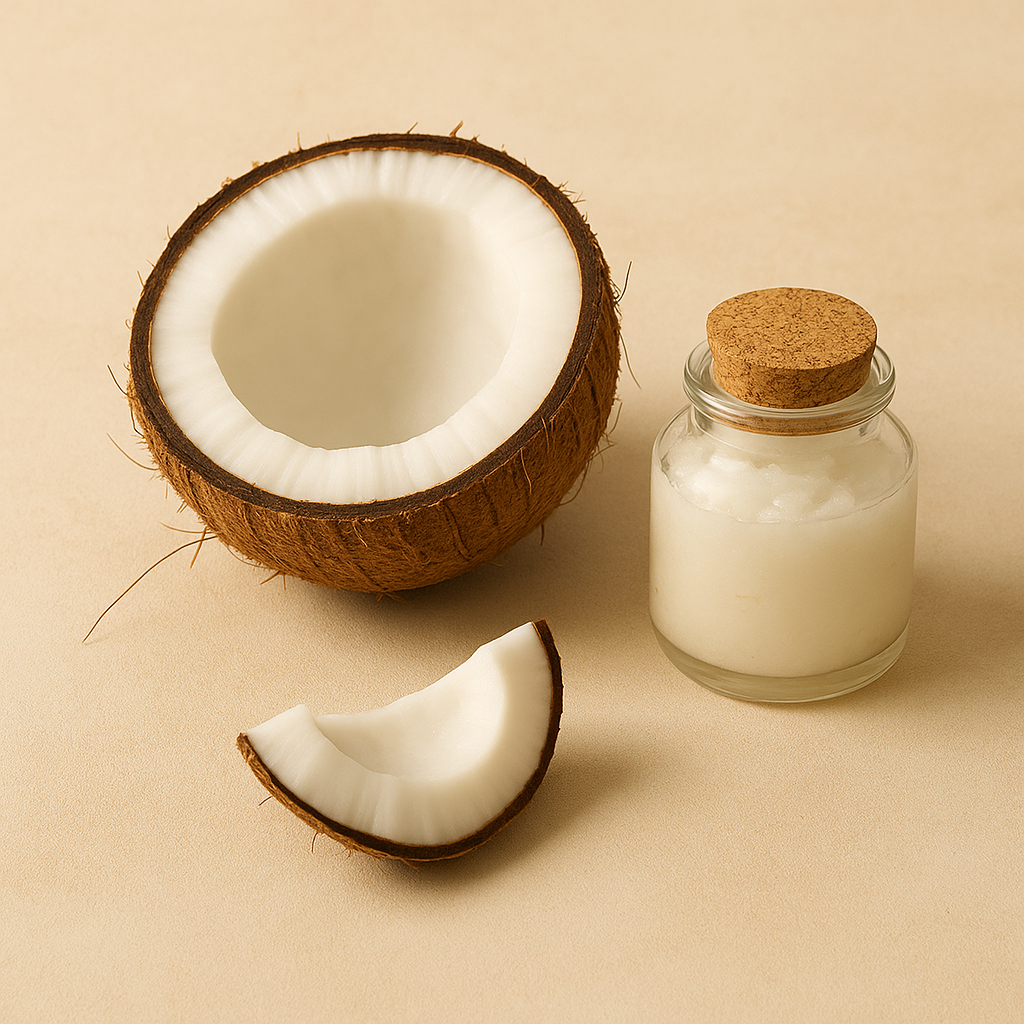A halved coconut, a coconut piece, and a jar of coconut oil on a beige background.