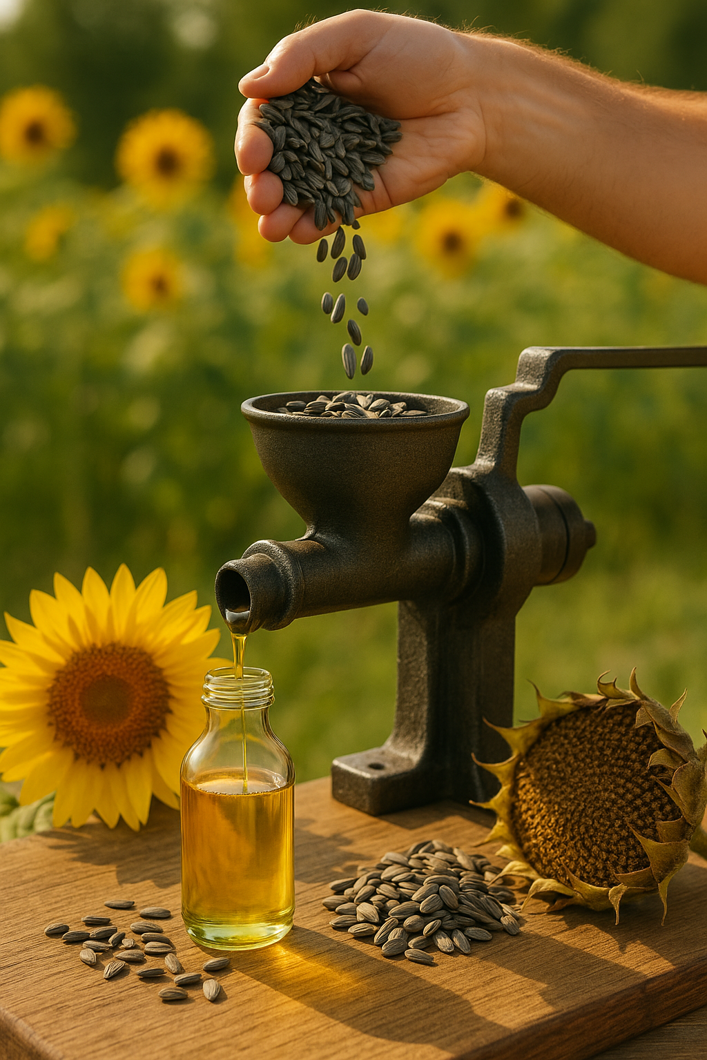 Hand pouring sunflower seeds into a mill with sunflower flowers and oil bottle on a wooden surface outdoors.