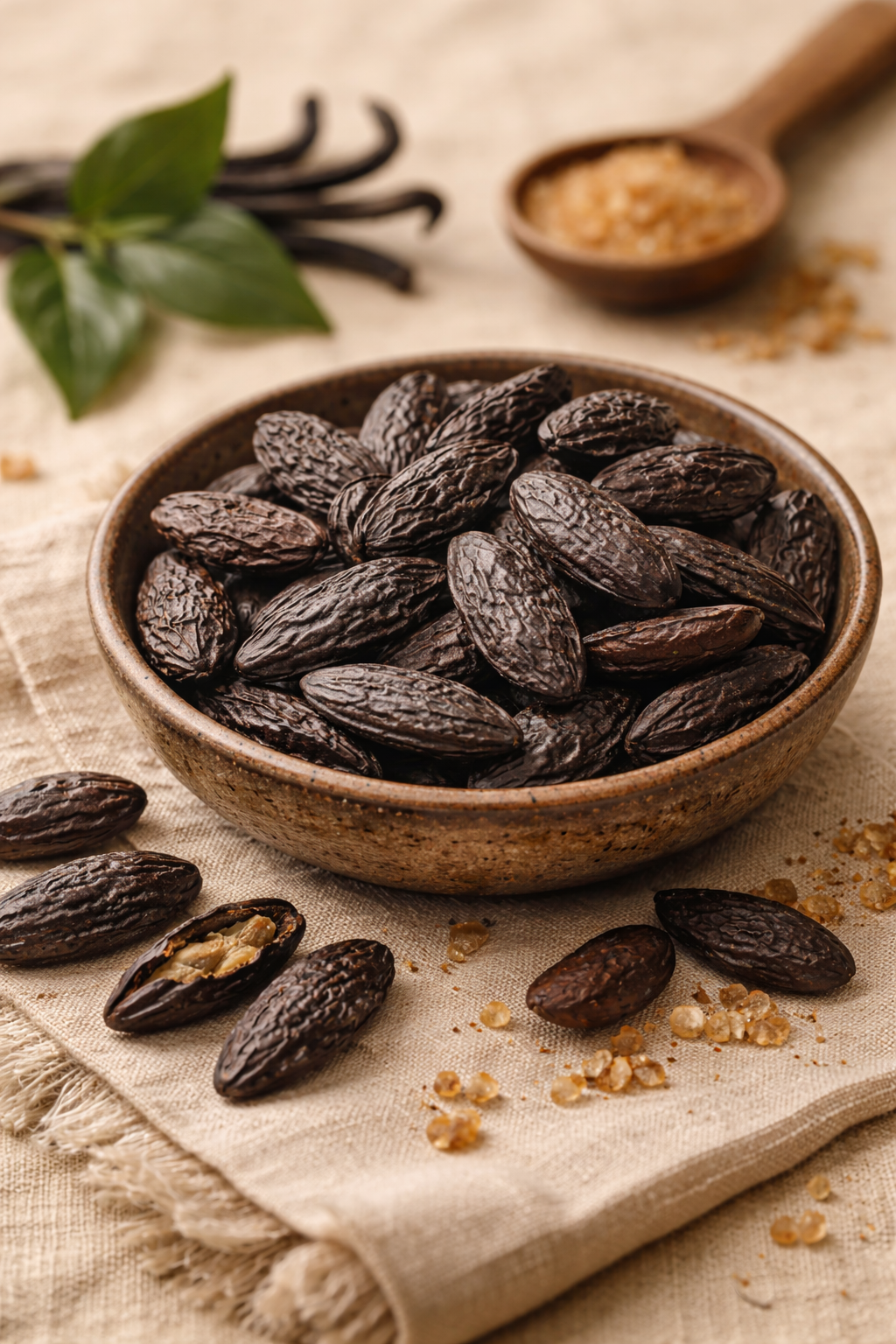 A rustic ceramic bowl filled with dark roasted cocoa beans, with some beans and coarse sugar scattered around on beige linen fabric, and a small wooden bowl with brown sugar and a sprig of green leaves in the background.