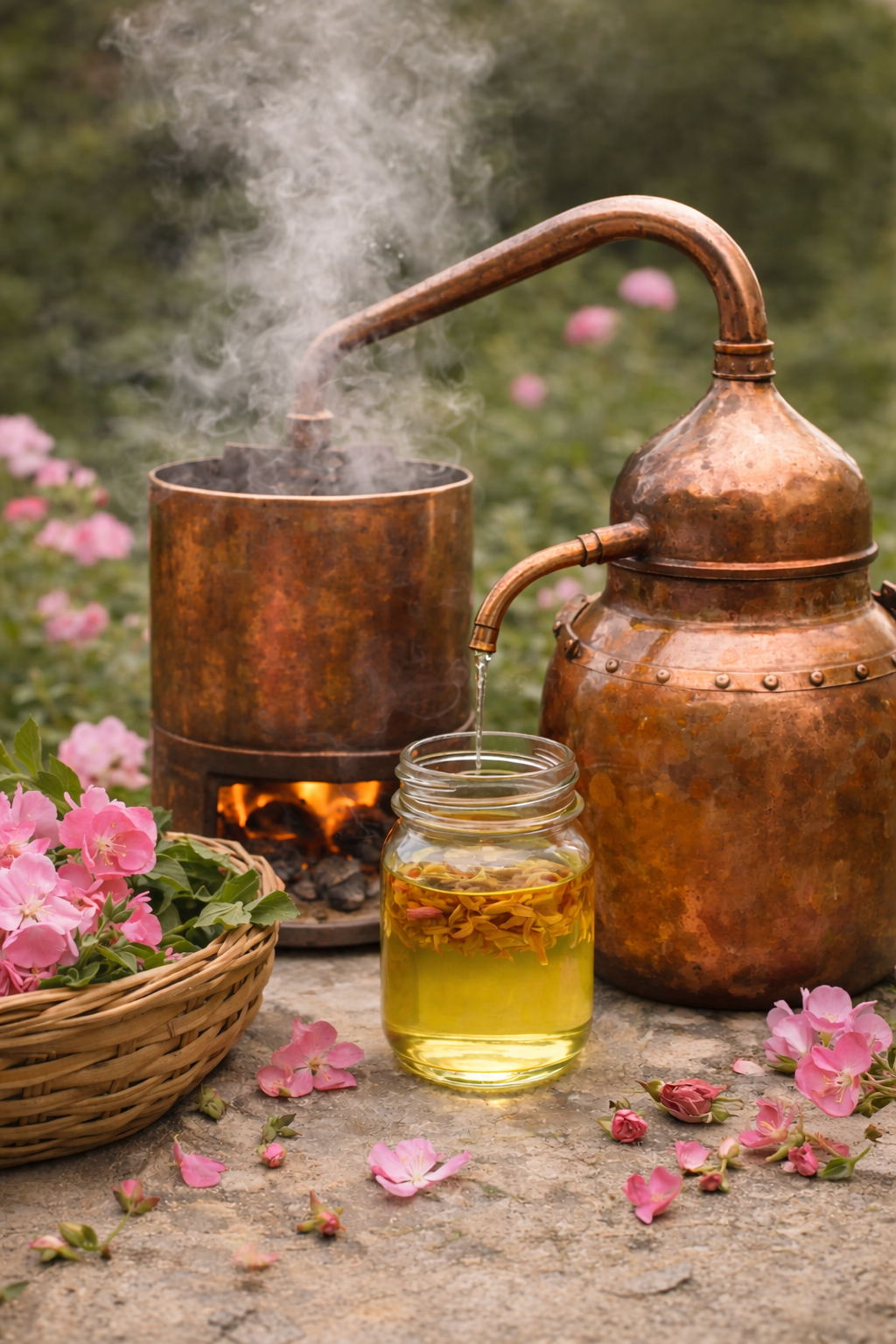 Distillation apparatus with a copper still releasing steam, boiling herbal infusion into a glass jar, surrounded by pink flowers on a stone surface outdoors.