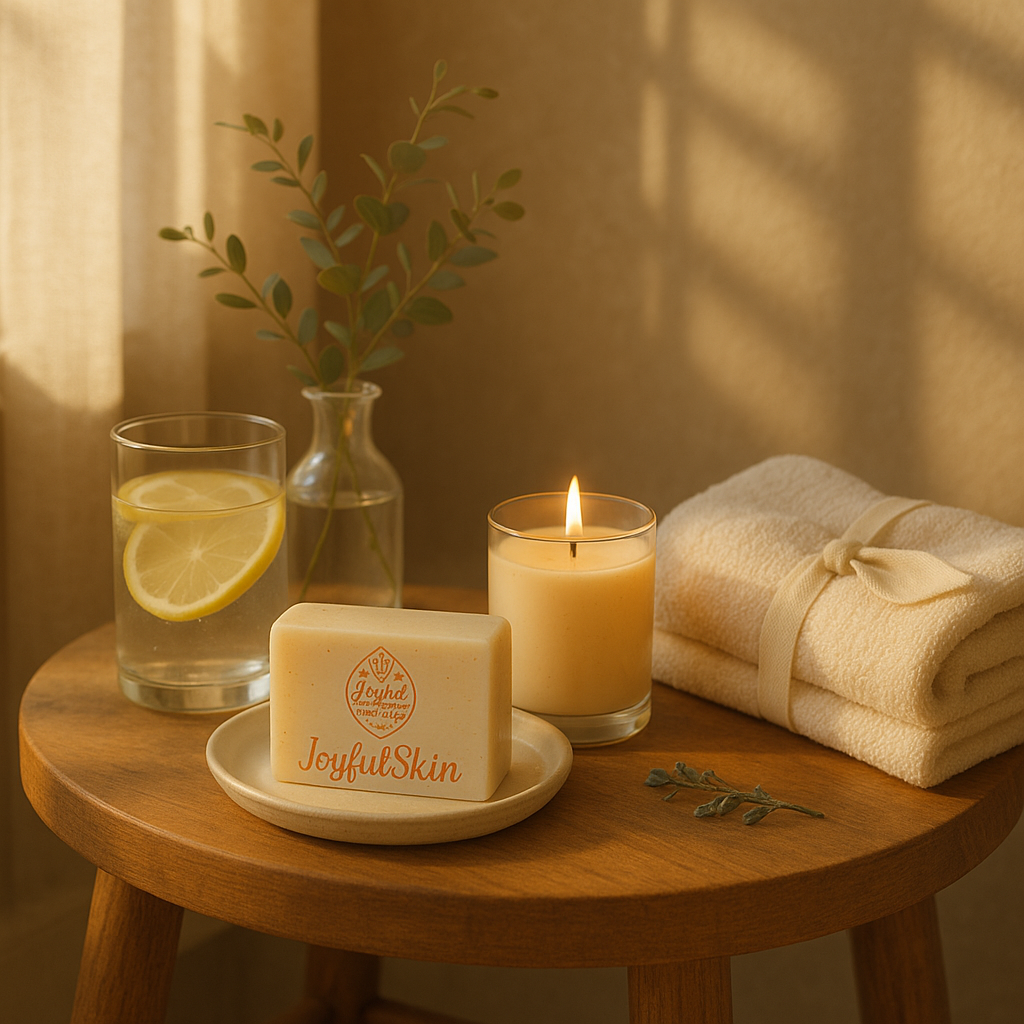 A cozy table setting featuring a bar of JoyfulSkin soap, a lit candle, a rolled towel, a glass of lemon water with lemon slices, and a small glass vase with green foliage, all illuminated by warm candlelight.