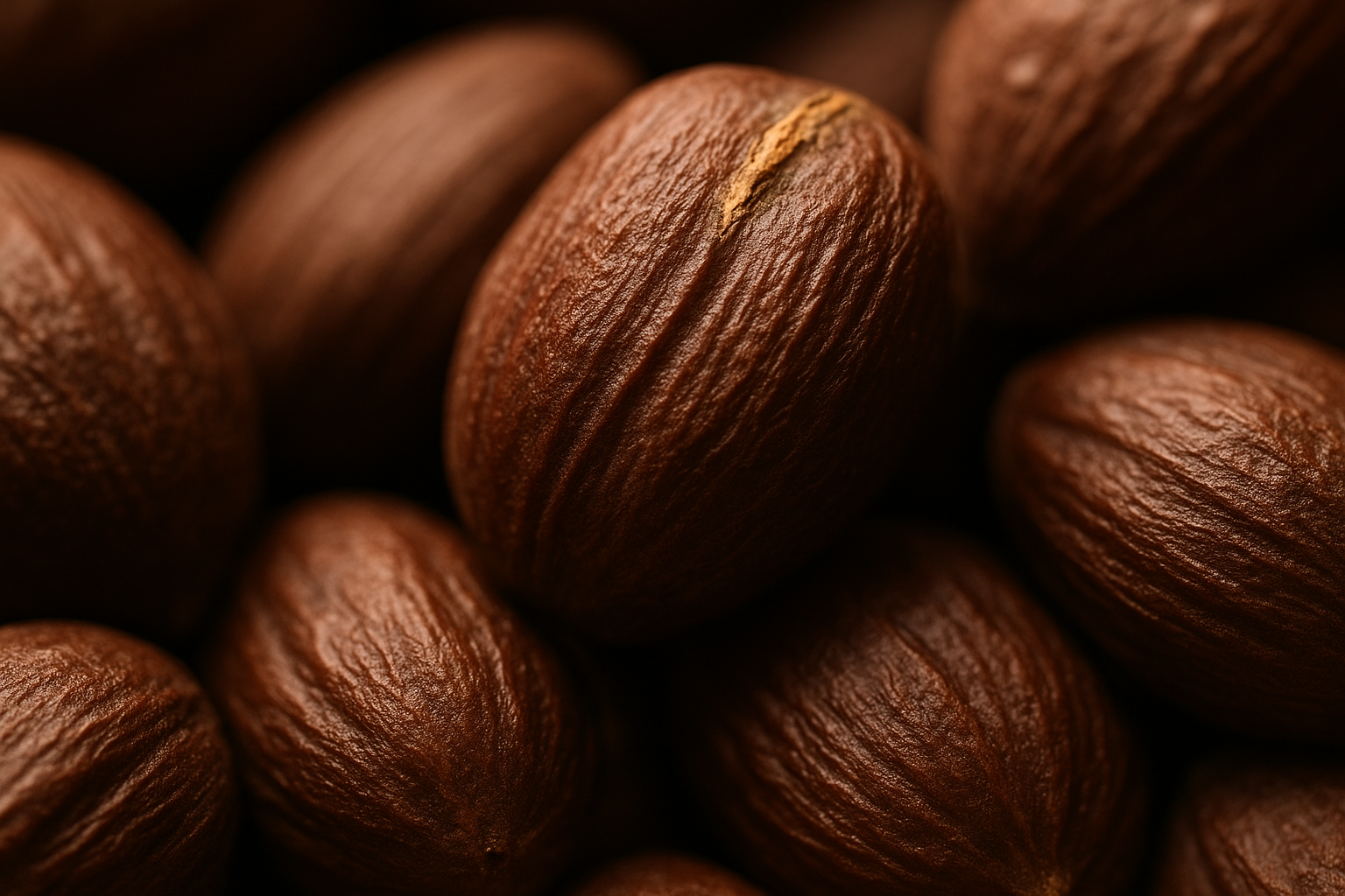 Close-up of brown hazelnuts with textured shells.