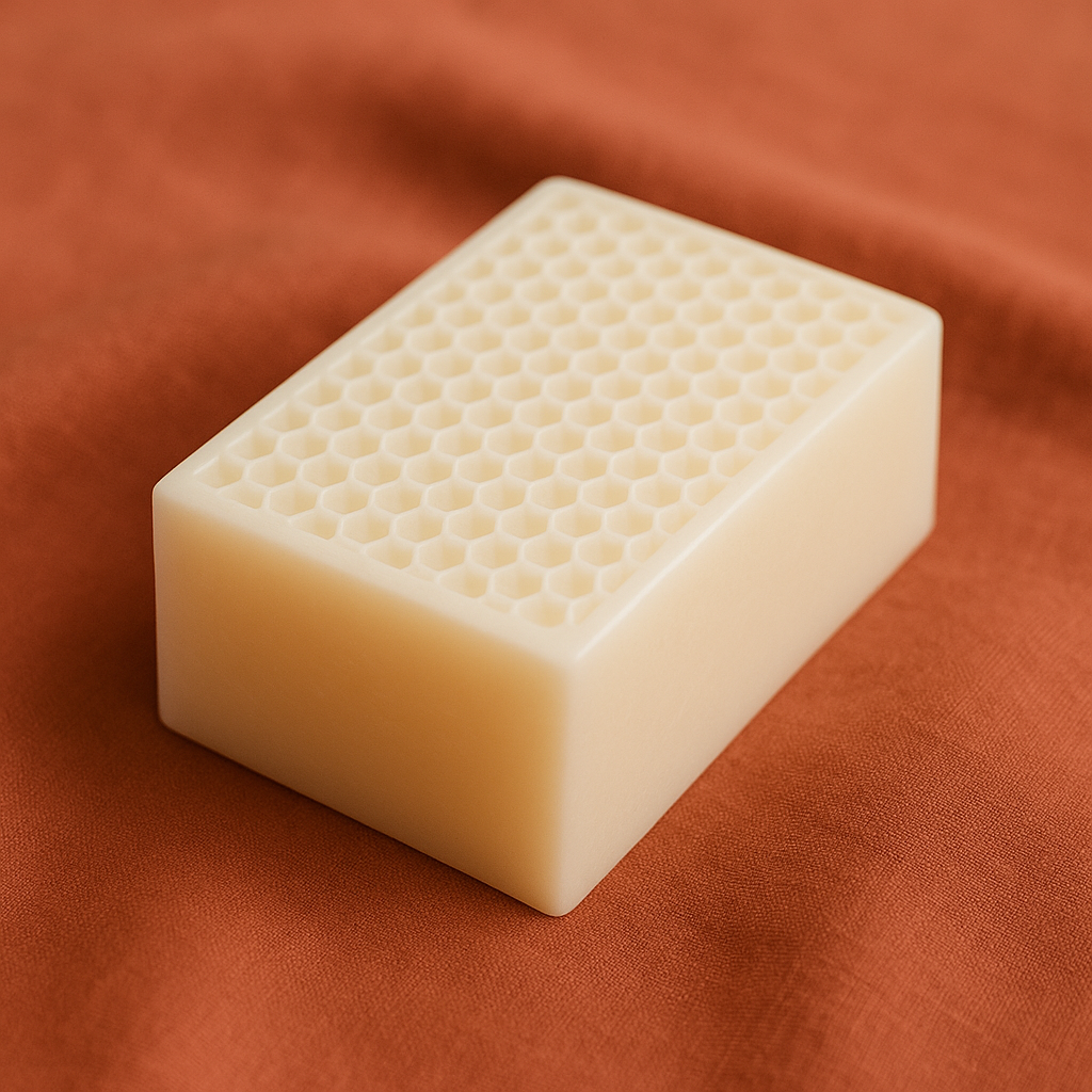 A rectangular white beeswax block with a honeycomb pattern on top, resting on a reddish-brown fabric surface.