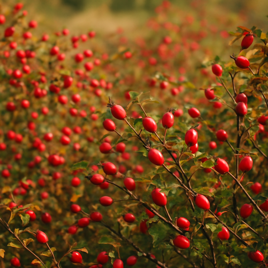 Bushes with numerous bright red berries and green leaves, with a blurred background.