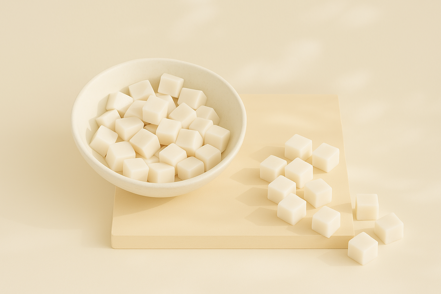 A white bowl filled with white sugar cubes, with some cubes spilling onto a beige surface and a beige paper underneath.