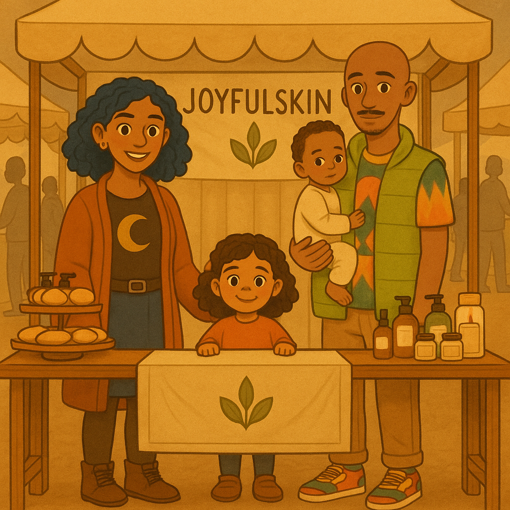 A family at a booth promoting JoyfulSkin products, with a woman, a young girl, a man, and a baby. The booth has skincare products on display and a banner with the JoyfulSkin logo.
