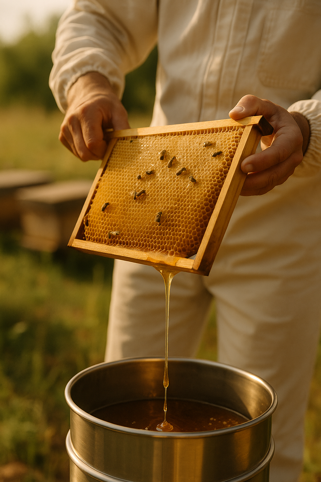 A beekeeper holding a frame of honeycomb with bees, allowing honey to drip into a stainless steel container below.