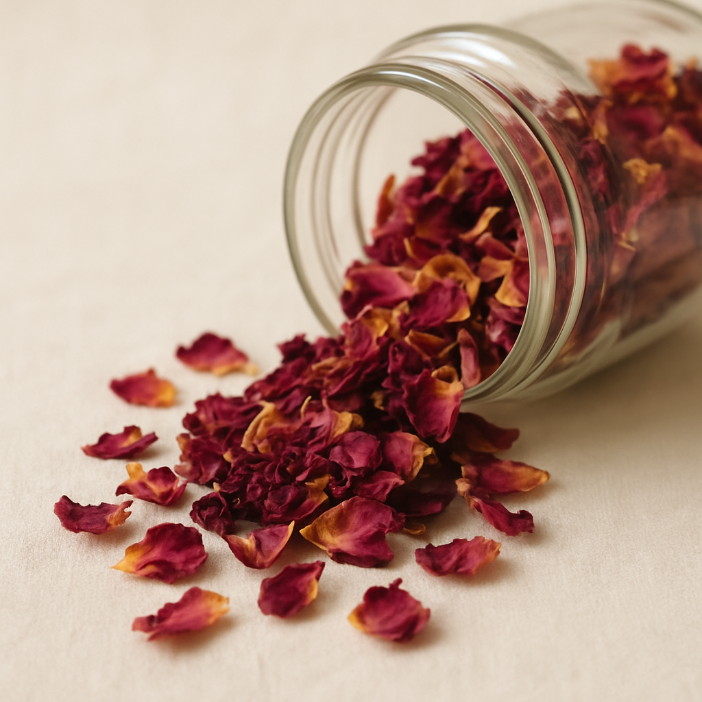 A glass jar tilted on its side with dried pink and orange rose petals spilling out onto a white surface.