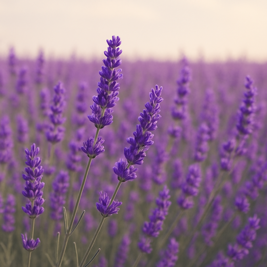 Close-up of purple lavender flowers in a field with soft-focus background.