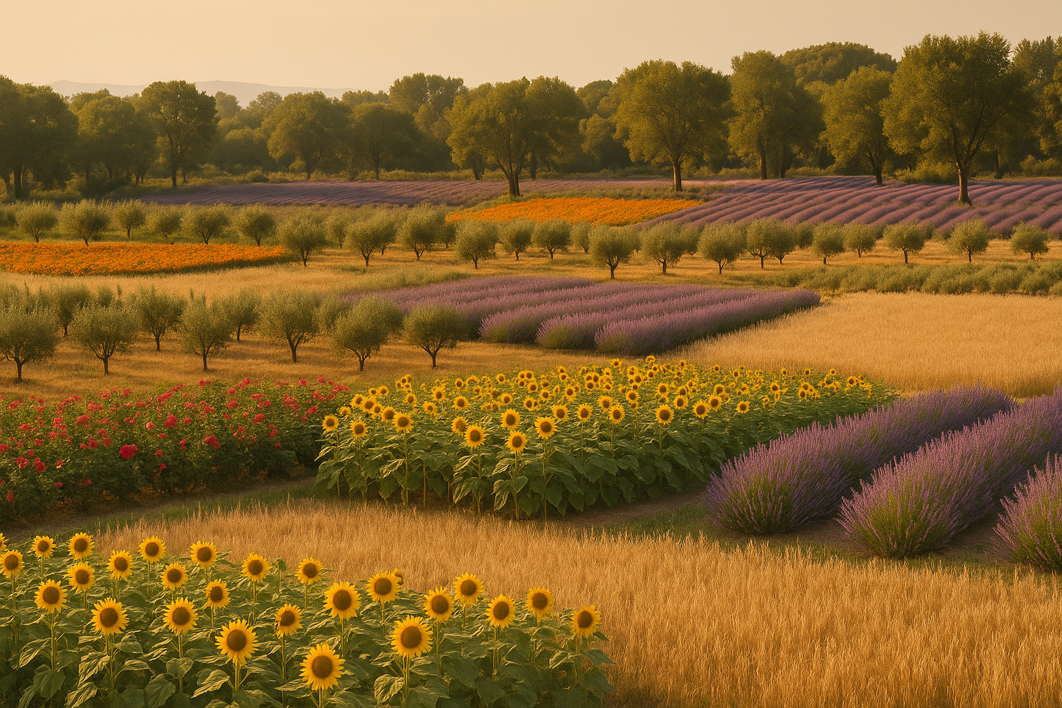 A colorful landscape of a farm with rows of sunflowers, purple lavender, and green trees, under a warm golden sky.