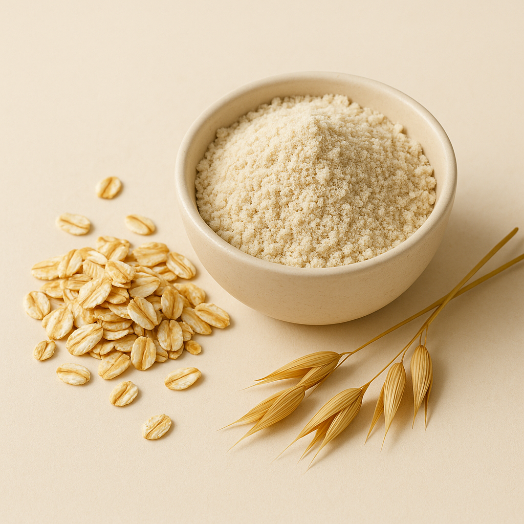 A white bowl filled with oat flour, a small pile of rolled oats, and a few oat stalks on a neutral background.