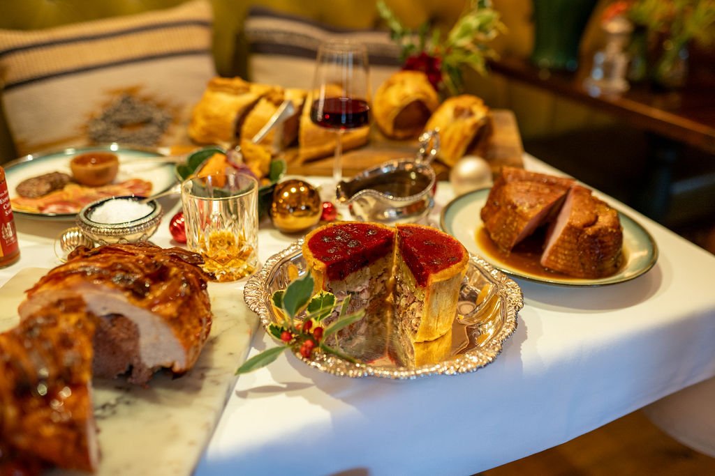 Stuffed Creedy Carver Half Crown Turkey, Briddon's Flying Pork Pie and Iford Cider Cured Festive Ham
