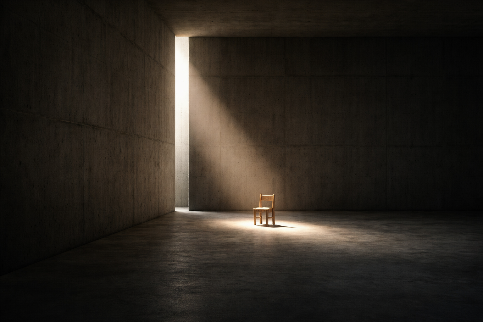 A solitary chair in a dark concrete room with light falling across it, reflecting relational depth and psychological work.