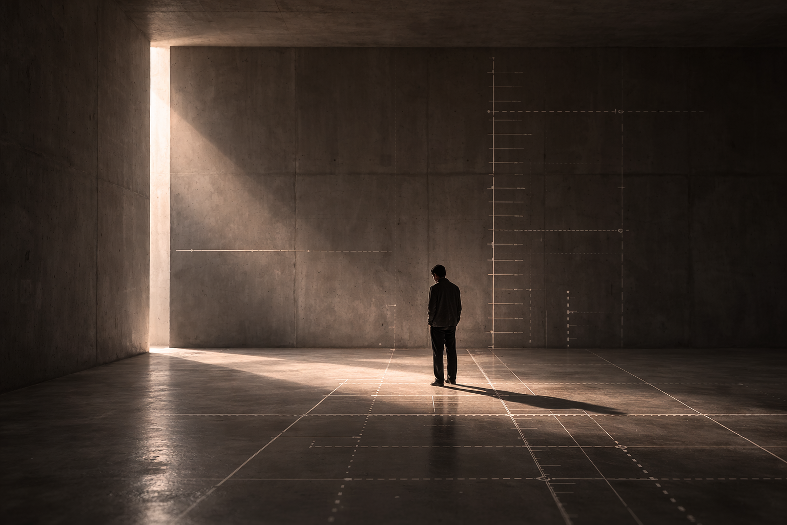 Person in a minimal concrete room with defined markings and light, representing structured thinking and cognitive behavioural approaches.