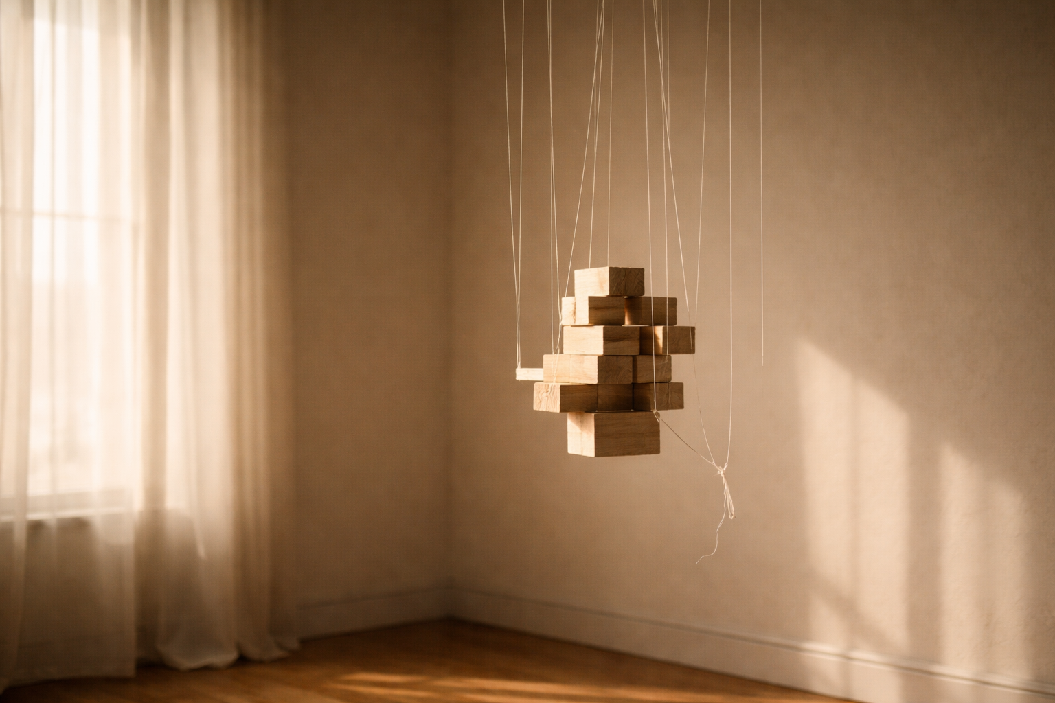 Wooden mobile hanging in soft natural light, reflecting existential themes of balance, uncertainty, and meaning.