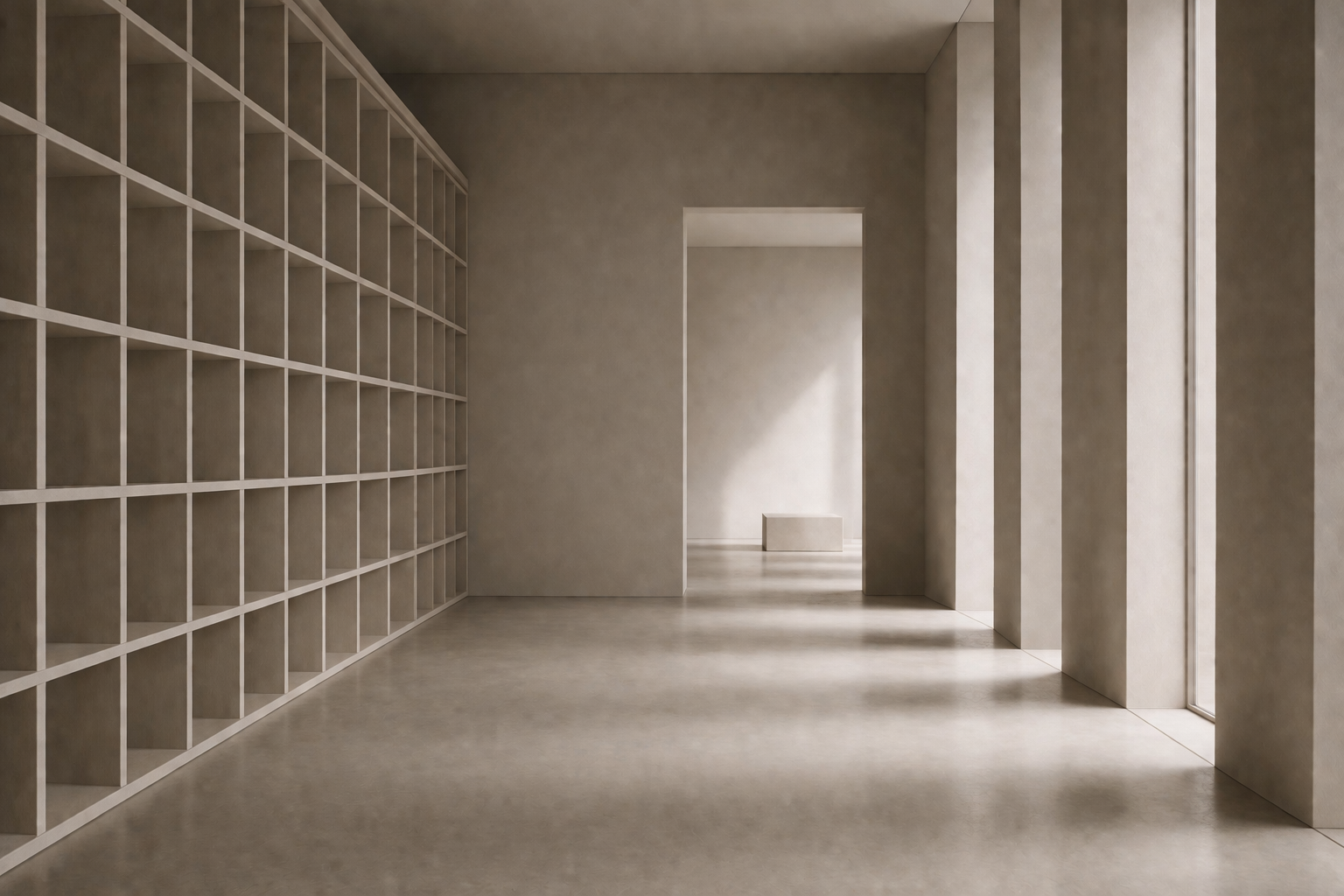 Minimalist interior space with soft light and shadow, suggesting reflection and psychological insight.