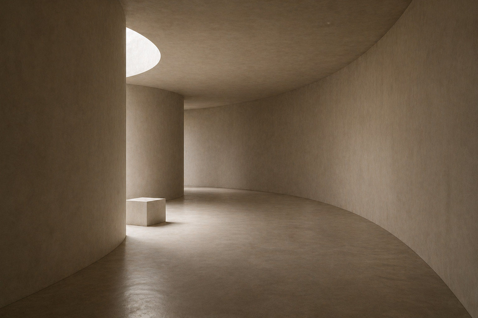 Curved minimalist interior with enclosed space and soft overhead light