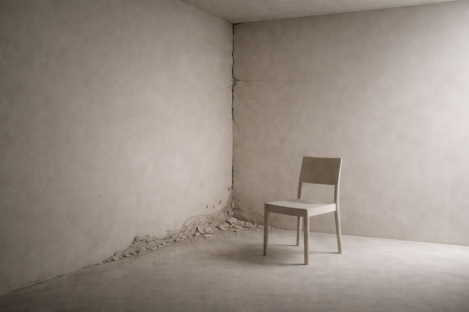 Empty room with cracked walls and a lone chair, reflecting emotional exhaustion and burnout.