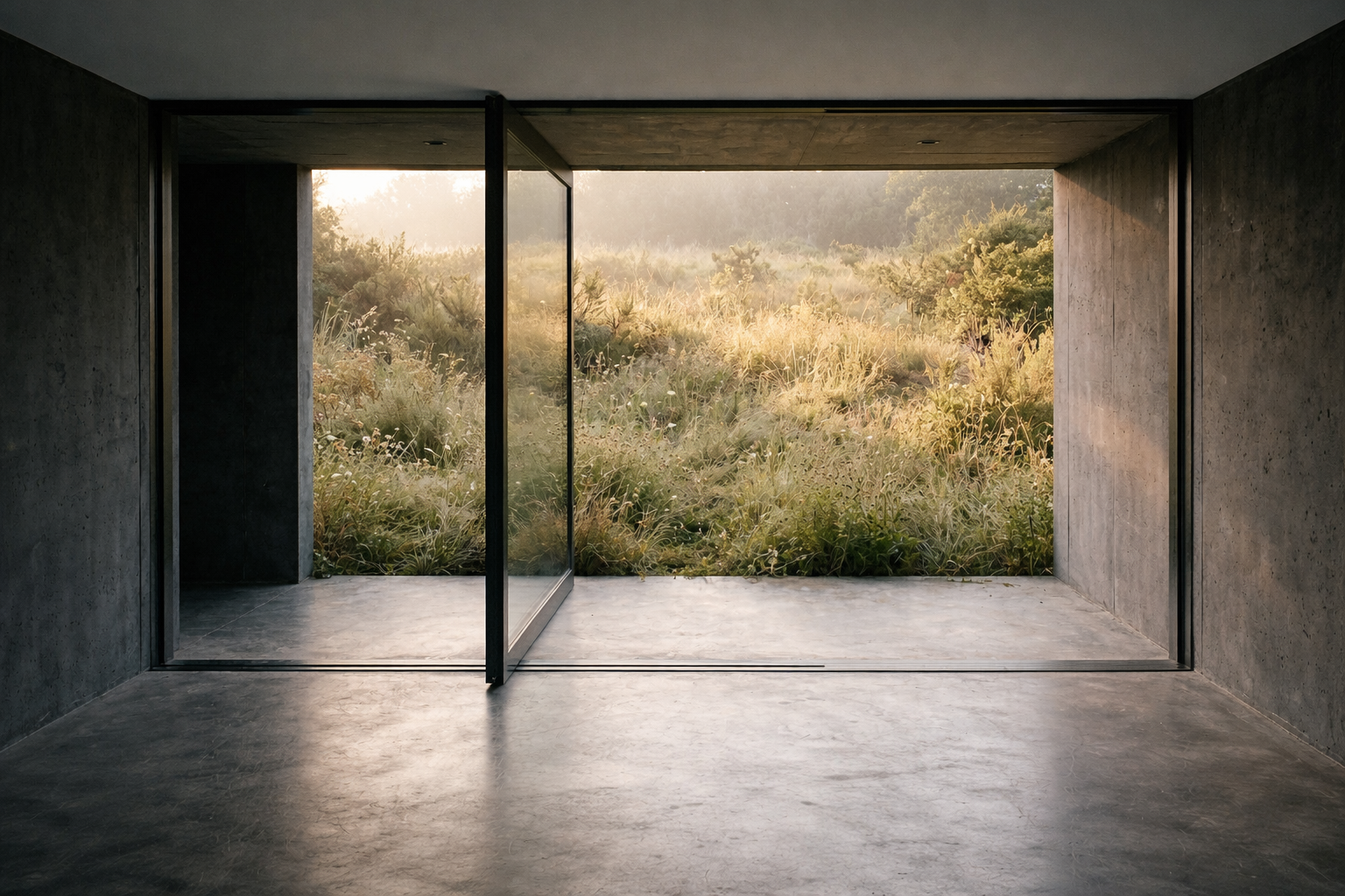 Open concrete room with glass doors to a grassy landscape, reflecting somatic awareness and connection to the body and environment.