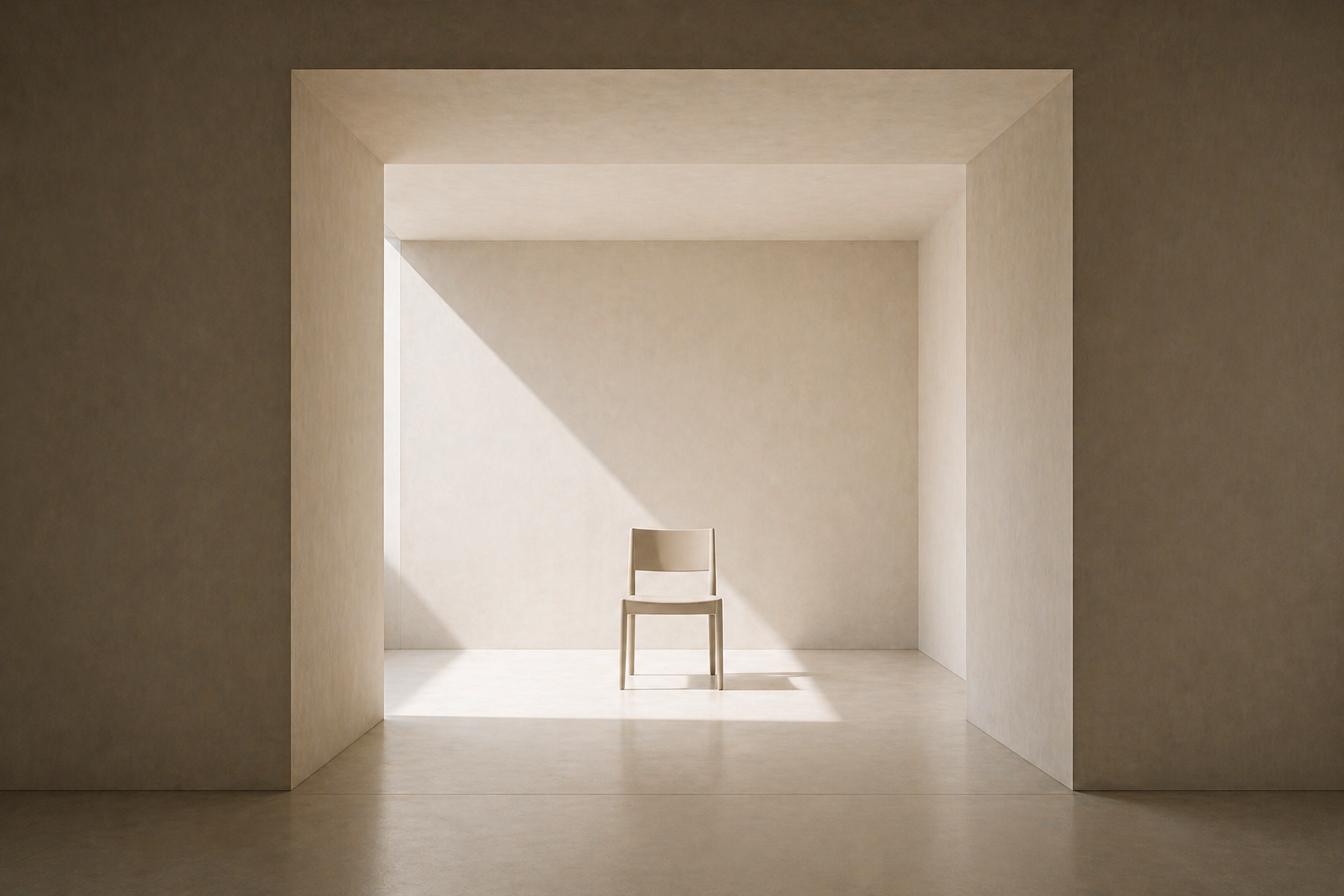 Minimalist framed space with a single centred chair and defined light