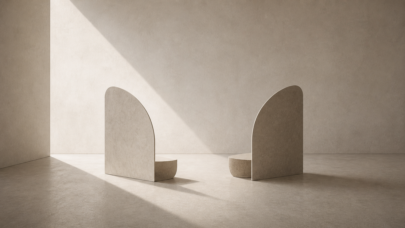 Minimalist architectural scene with two abstract sculptural forms facing each other in a neutral-toned space, with soft directional light and shadow.