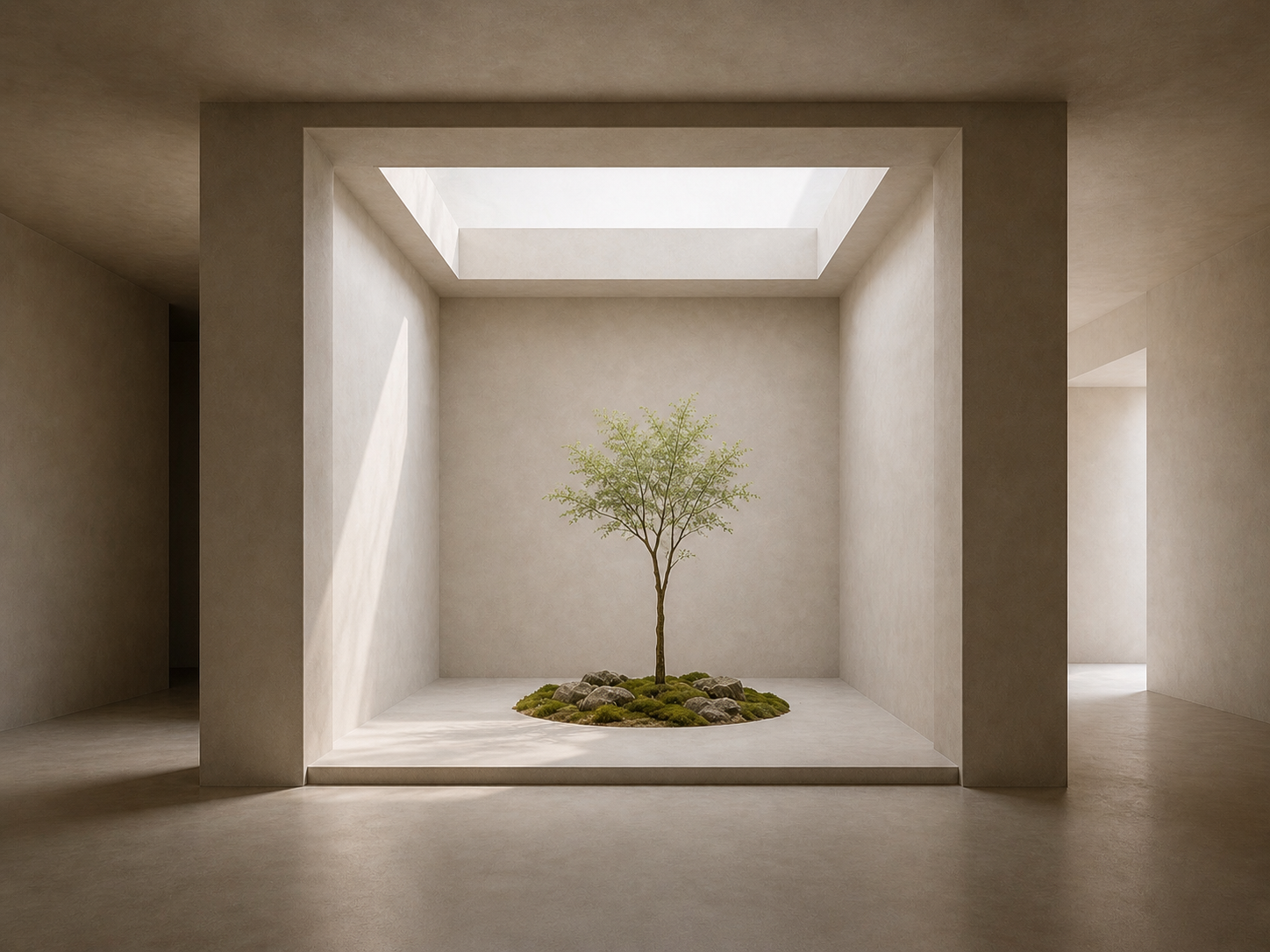 Minimalist architectural interior in soft neutral tones, featuring a recessed square alcove lit from above, with a single small tree growing from a moss-covered base at the centre, surrounded by smooth plaster walls and a calm, open space.