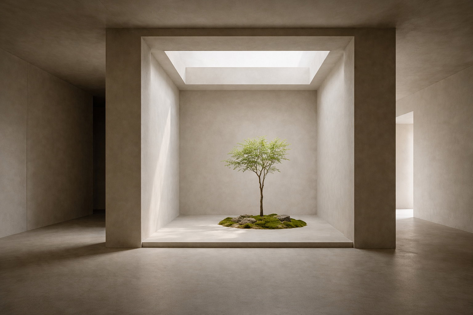 A minimalist interior with a small tree set within a contained space, reflecting psychological intensives and focused, sustained work.