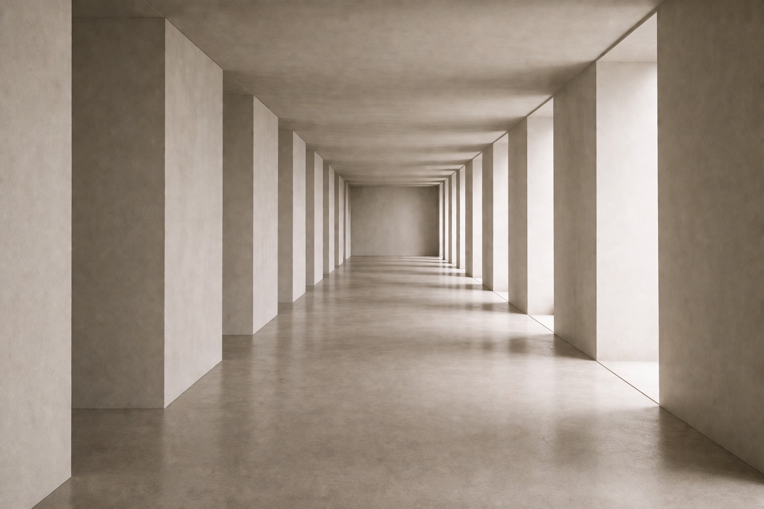 A long, empty corridor with columns and light and shadow, reflecting depth-oriented psychological work.