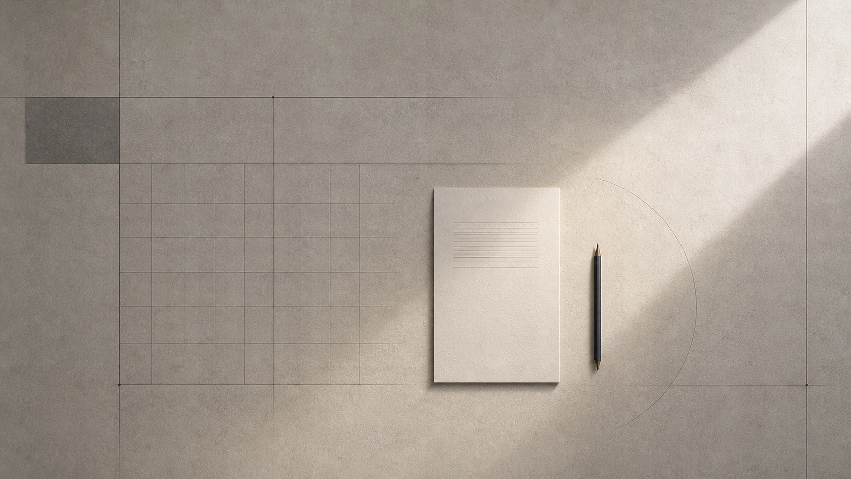 Top-down view of a pale surface with a single sheet of paper and a pen, arranged within a subtle geometric grid and soft natural light.