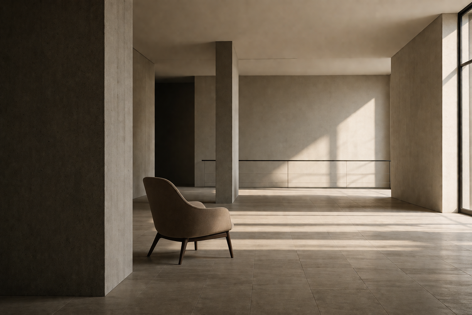 Minimalist architectural interior with a single chair, representing leadership, structure, and psychological space.
