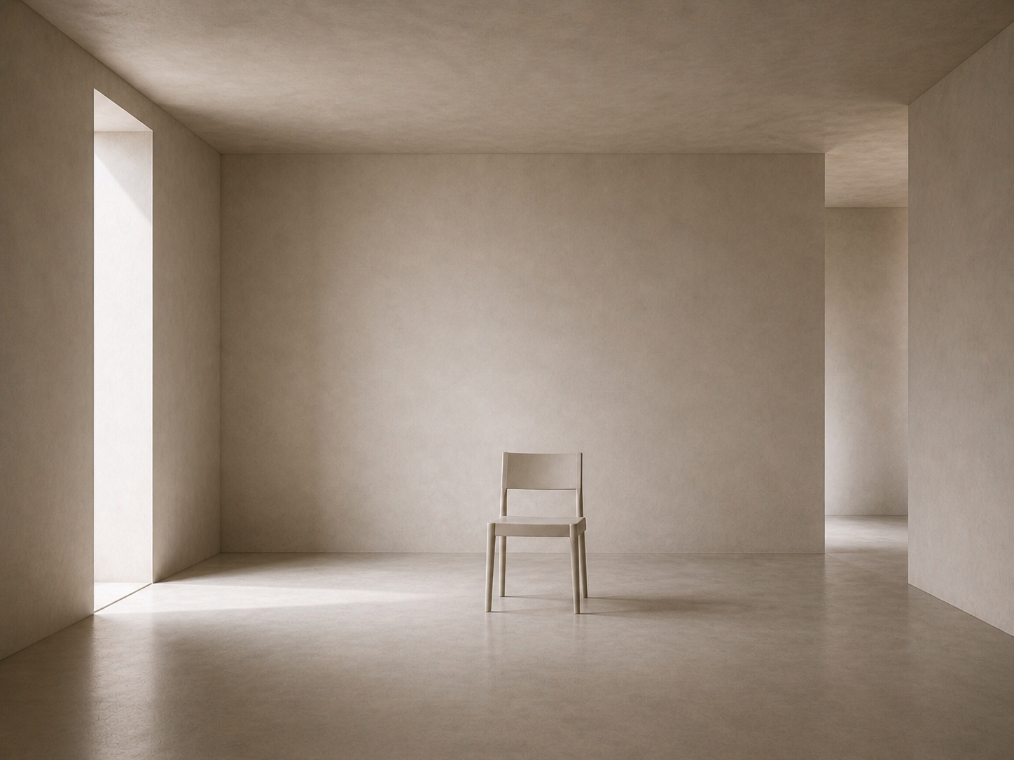 Minimalist architectural interior in soft neutral tones, with a single simple chair placed slightly off-centre in a quiet, open room, natural light entering from the side and creating gentle shadows across smooth plaster walls and floor.