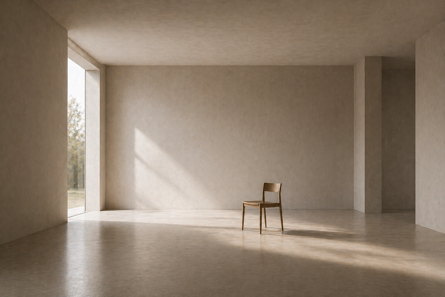 Minimalist interior with a single chair in a large, softly lit open room