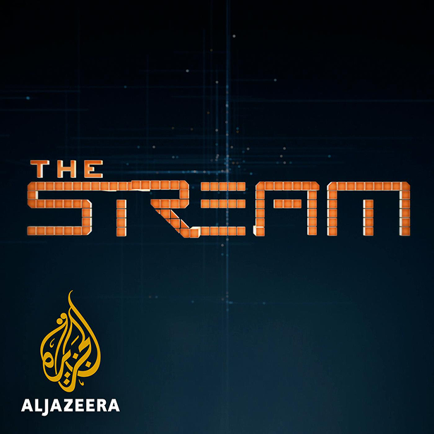 Digital graphic with the title 'The Stream' in pixelated orange letters and the Al Jazeera logo below.