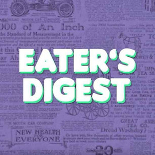 Podcast cover for "Eater's Digest." A background of newspaper print with the title 'Eater's Digest' in large white and green letters.