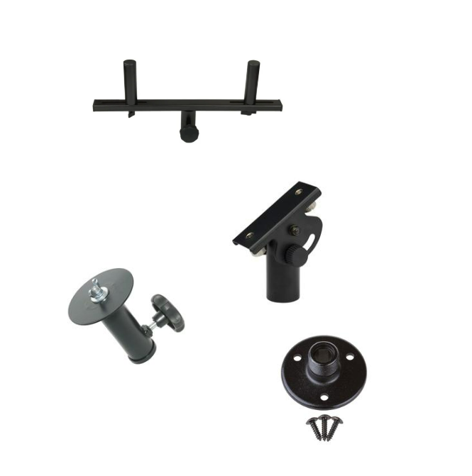 Ensemble de pièces de montage pour un projecteur ou un appareil électronique, incluant un support en T, une pièce de fixation avec bouton de réglage, un bras de fixation, une platine de base avec vis, et des vis de montage.