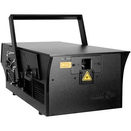 Machine laser noire avec poignée et avertissements de sécurité.