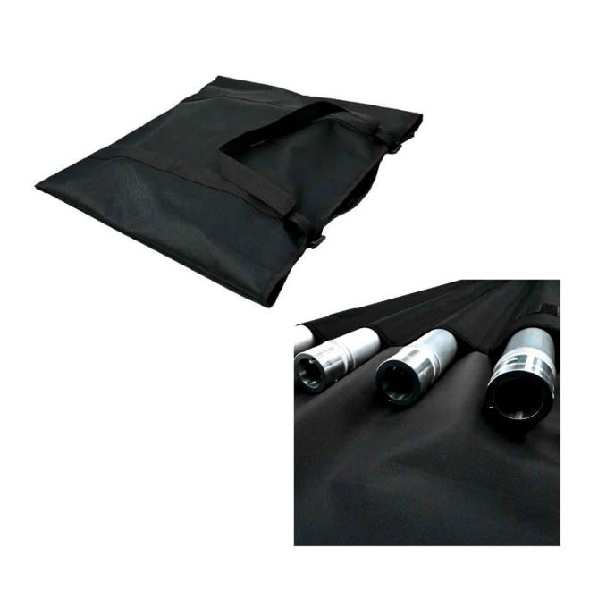 Un sac noir avec trois tubes lumineux à l'intérieur, destiné à porter des amplificateurs ou des projecteurs