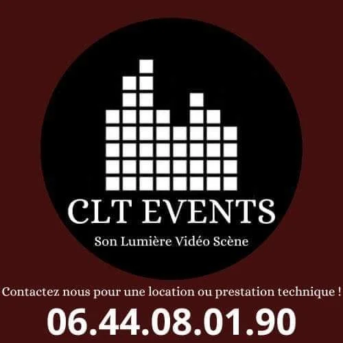 Logo de CLT Events avec une silhouette de haut-parleur et le texte "CLT EVENTS" et "Son Lumière Vidéo Scène", accompagnée d'un numéro de téléphone.