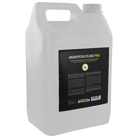 Contenant blanc de liquide pour antigel ou liquide de refroidissement, avec étiquette noire indiquant Heavyfog Fluid Pro, volume de 5 litres.