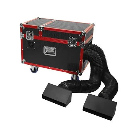 Une pièce électronique ou un dispositif avec un chariot rouge et noir équipé d'une ventilation flexible et deux grandes plaques en dessous.