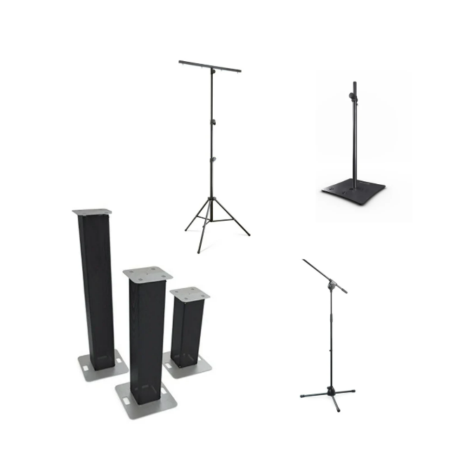 Supports, microphone stands, et équipements d'éclairage pour une scène ou un studio