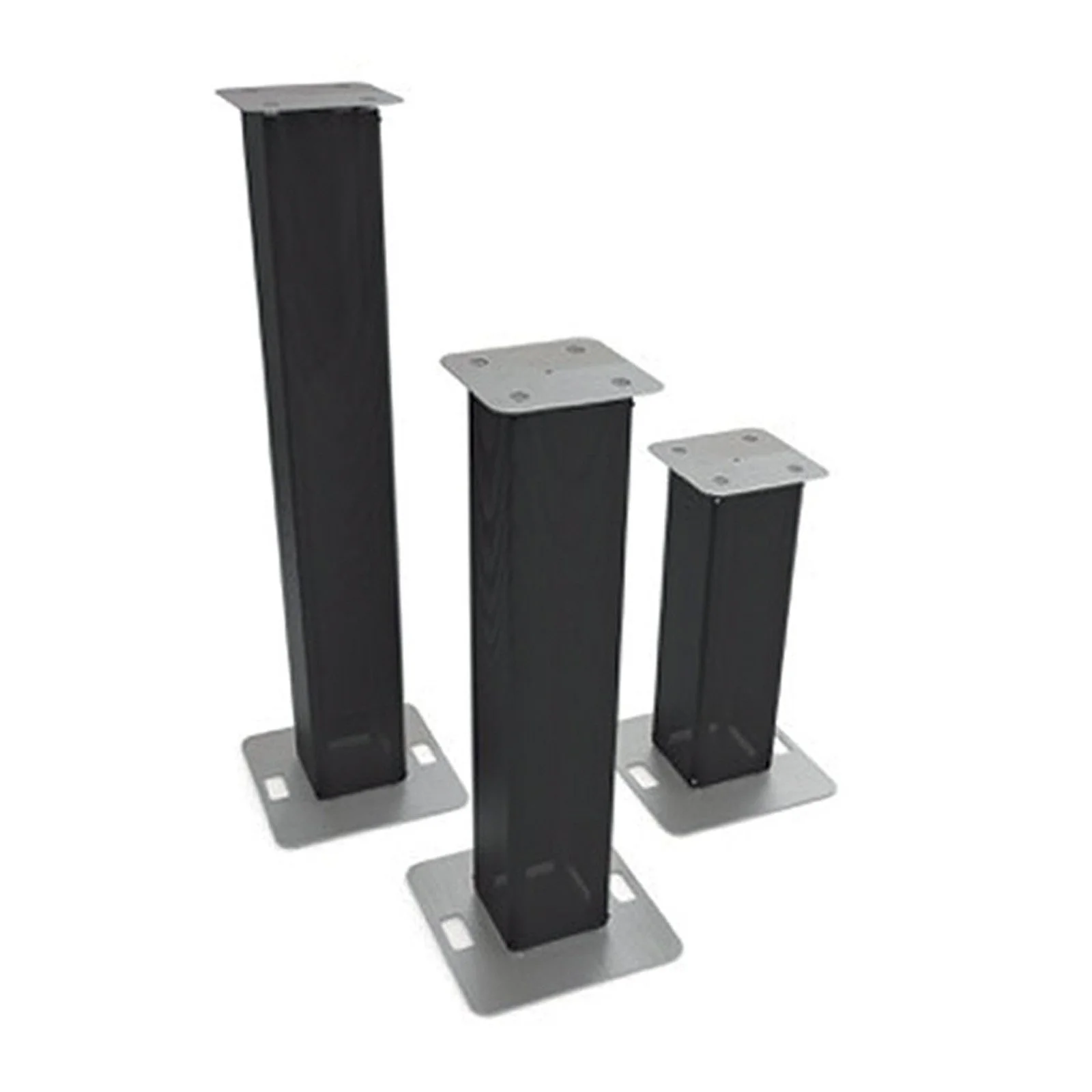 Support de haut-parleur noir avec base métallique, tridimensionnel, de différentes hauteurs, pour installation audio ou hi-fi.