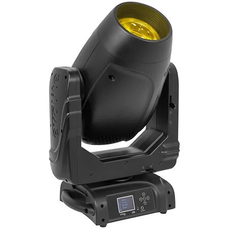 Projecteur de scène noir avec une lentille jaune, monté sur une base avec une console de contrôle.