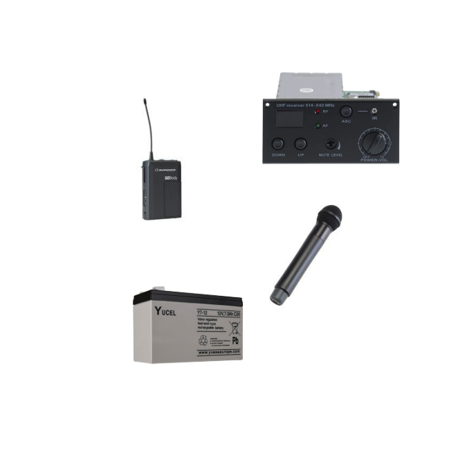 Kit d'équipements comprenant un microphone sans fil, un récepteur UHF, une batterie au lithium, et un émetteur audio.