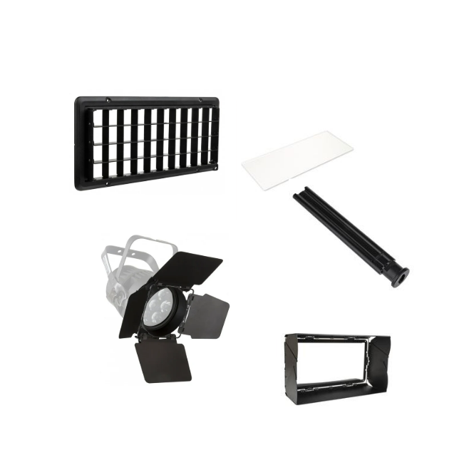 Kit de lumières pour photographie comprenant un support de grille, un diffuseur blanc, un réflecteur, un filtre de gel, un porte-lampe, et une boîte à lumière.