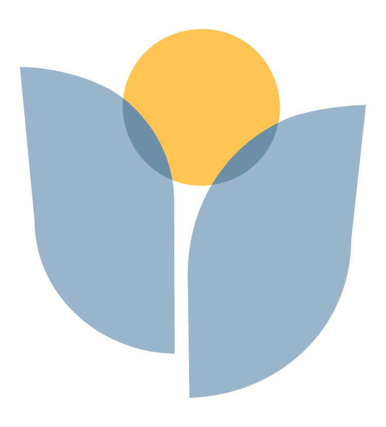 Two light blue petals and a yellow circle in the center come together to create an abstract flower.