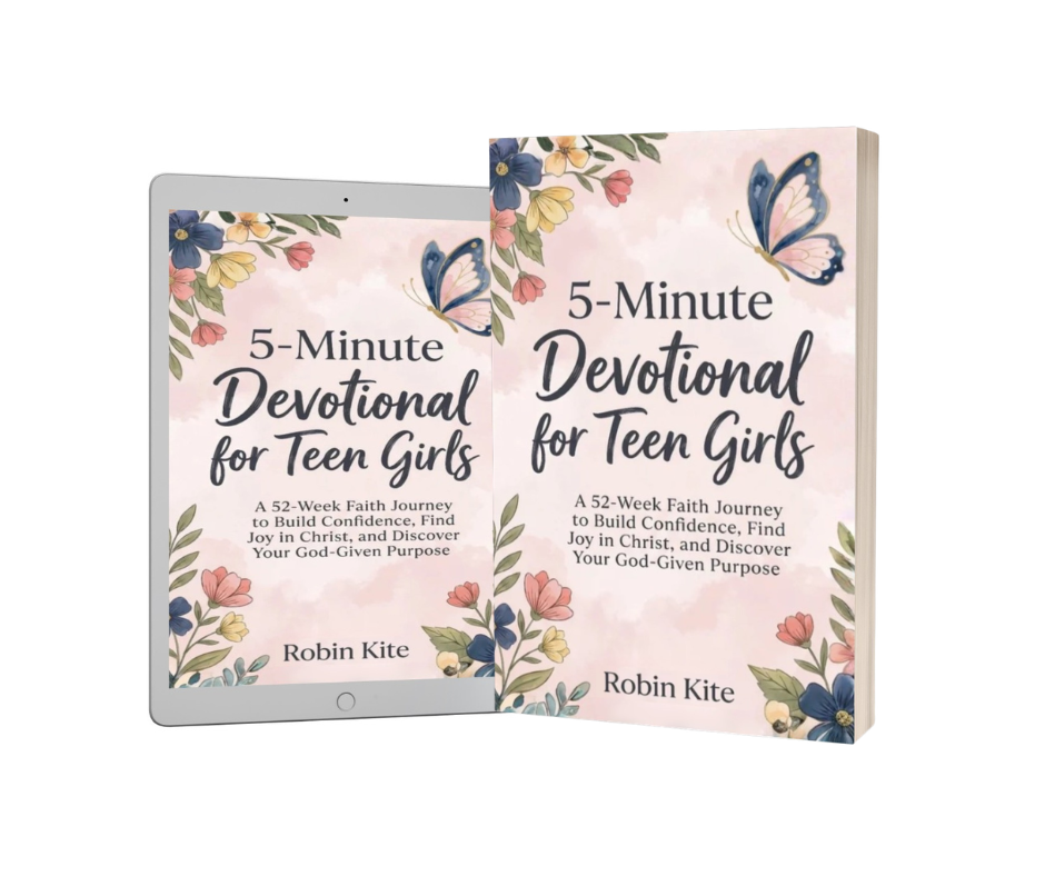 Book titled "5-Minute Devotional for Teen Girls" with floral and butterfly illustrations on the cover.
