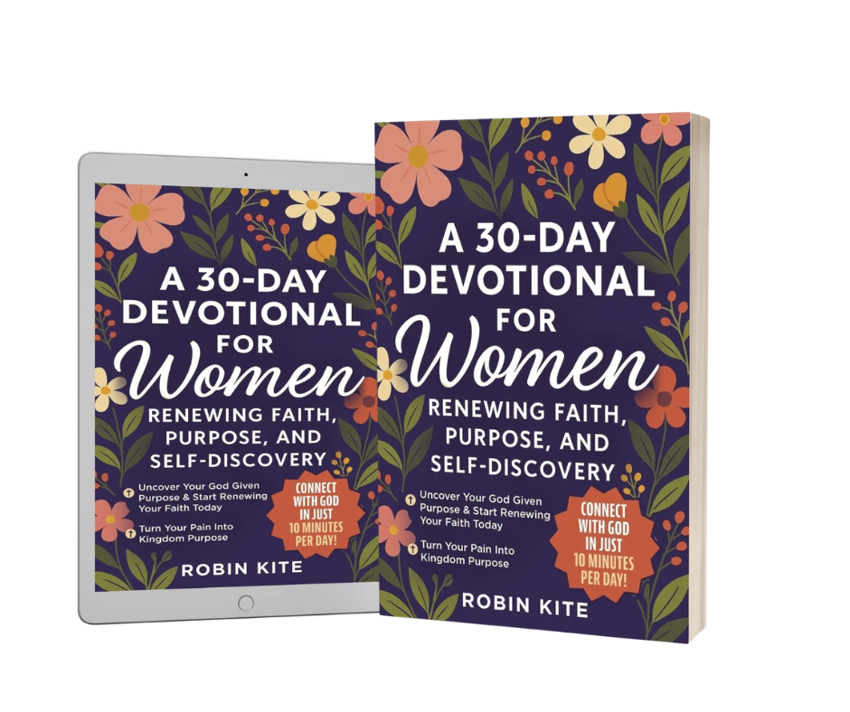 Book cover titled "A 30-Day Devotional for Women" with floral design, featuring pink, white, orange flowers and green leaves on a dark purple background, and text about renewing faith, purpose, and self-discovery.